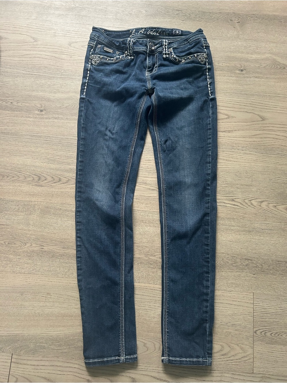 LA Idol Skinny Embellished Blue Jeans Size 5